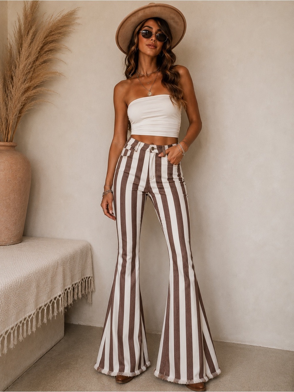 Saints & Hearts Striped Bell Bottom Jeans Medium Brown White Frayed Hem Retro